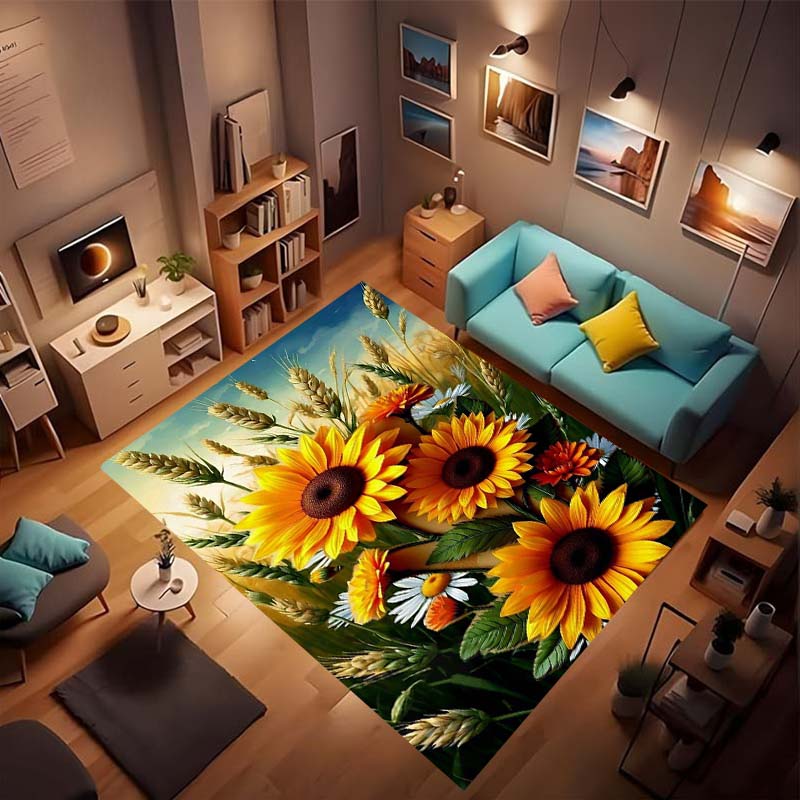 Customizable sunflower pattern non-slip rug, soft flannel, washable, non-slip backing, suitable for living rooms, bedrooms, bath