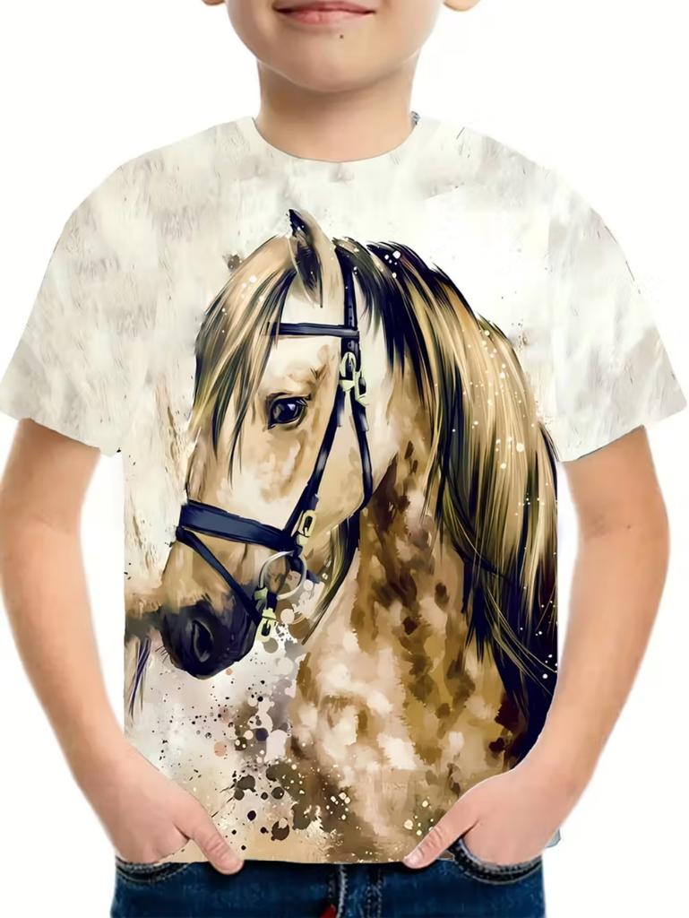 Children's Clothing Boys T-Shirt 3D Horse Print Short Sleeve Fashion Kids Summer Clothes Casual Child Girls Clothing O-Neck Tops