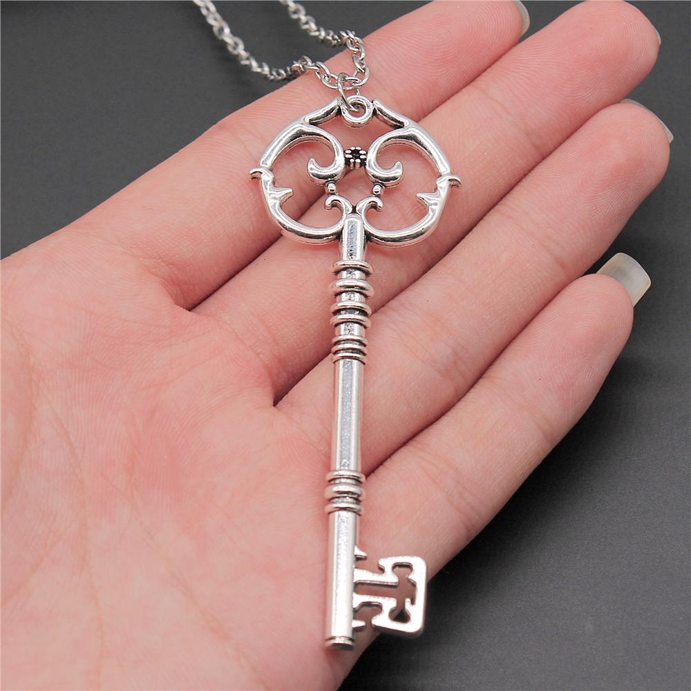 2 Colors Antique Silver Color Antique Bronze Color Vintage Key Pendant Necklace For Women Long Chain Metal Chain Necklace