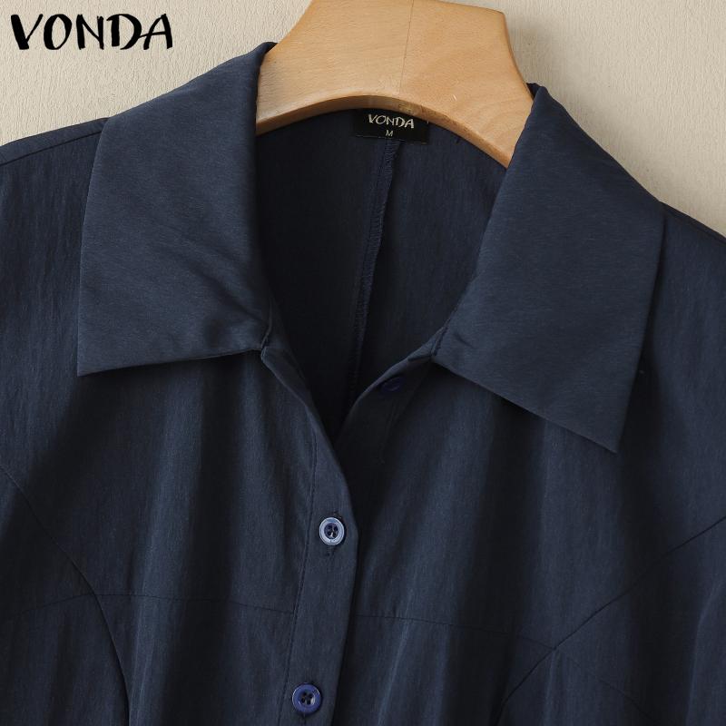 VONDA Summer Women Lapel Neck Sleeveless Buttons Up Ruffled Casual Tank Dress