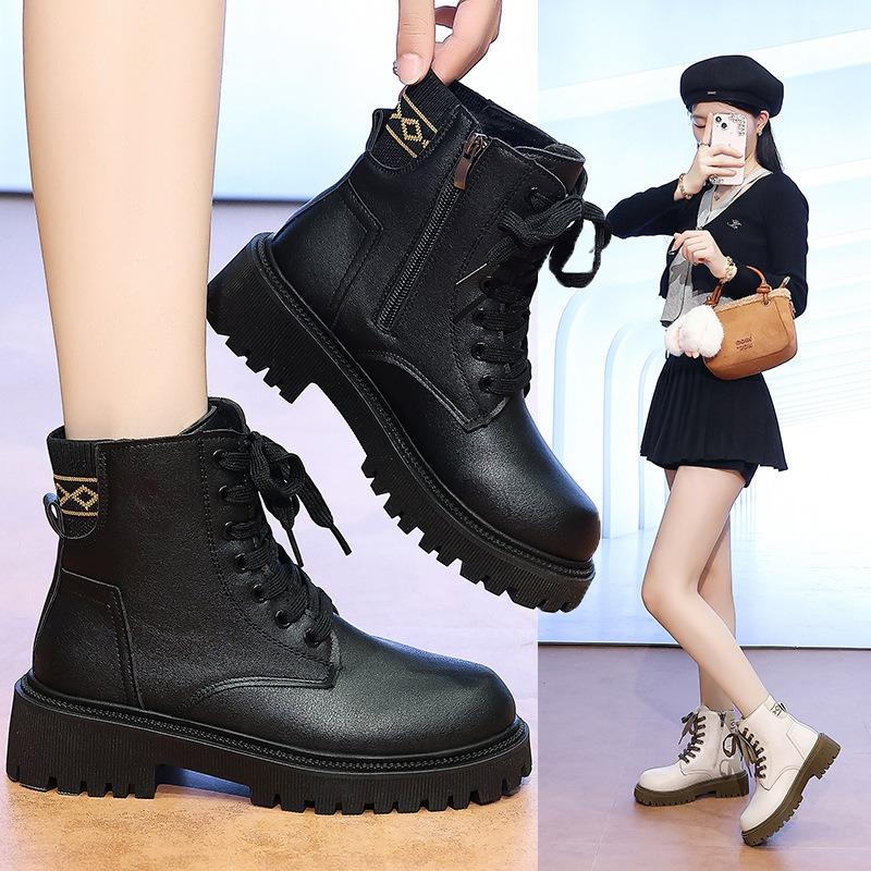 Martin Boots Women's New Winter Velvet Lace-up Leather Boots Women's Platform Fashion Trendy Short Boots Women