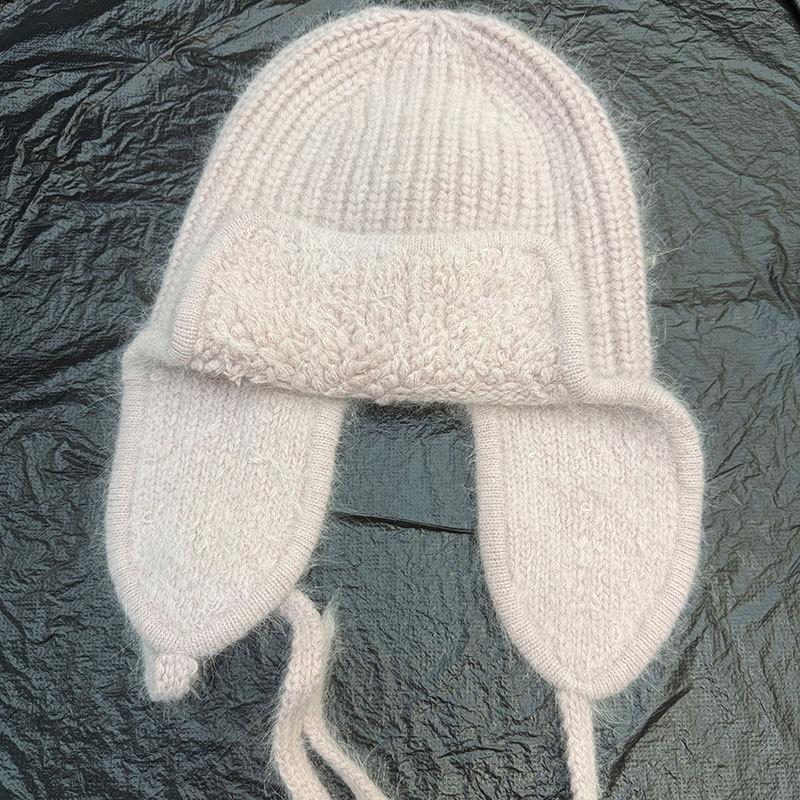 Plush ear protection Lei Feng hat women's winter angora rabbit fur knitted hat cold-proof lace-up warm wool hat