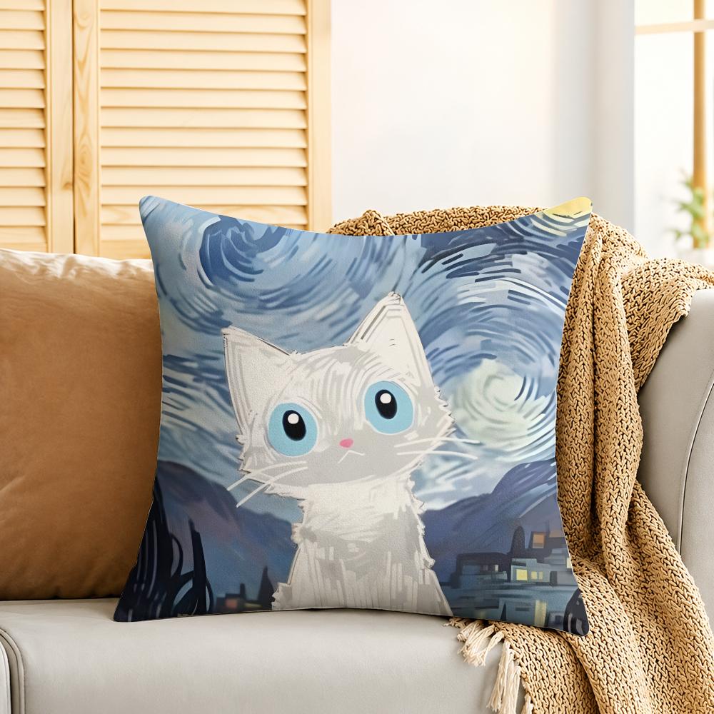 Cat Starry Sky Van Gogh Cushion Cover Silky Short Plush Invisible Zipper Dustproof Sofa Pillow Case For Home Decor