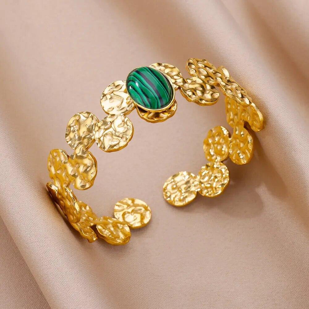 Artificial Green Stone Stainless Steel Cuff Bracelet for Women Gold Color Bangle Bracelets Female Vintage Jewelry Accessories