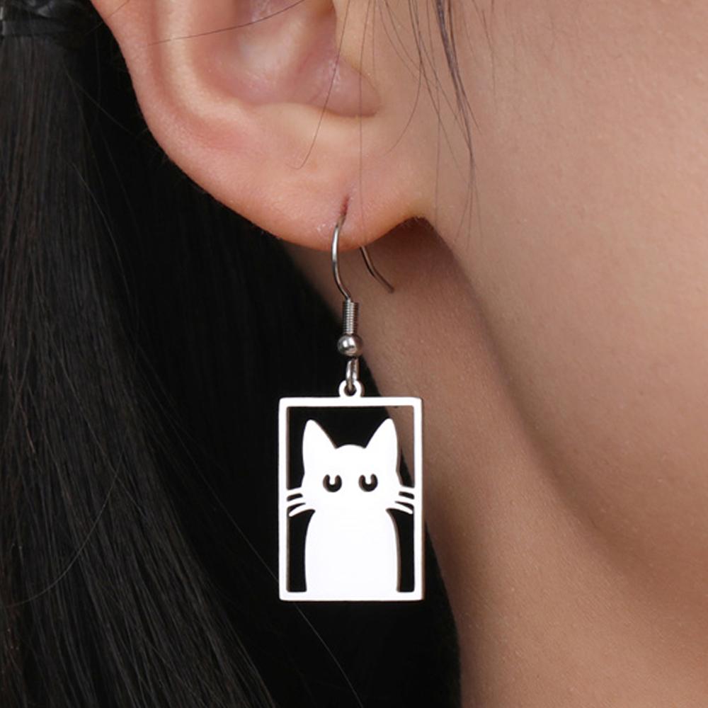 My Shape Cute Cat Earrings for Women Girls Stainless Steel Rectangle Shaped Cat Kitten Earrings Animal Fashion Jewelry Gifts