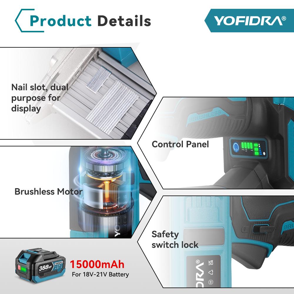 Yofidra Chiodatrice elettrica senza spazzole 30mm 2in1 Chiodatrice/Graffettatrice a batteria Chiodatrice per carpenteria Tacker Strumento per batteria Makita 18V Spilli