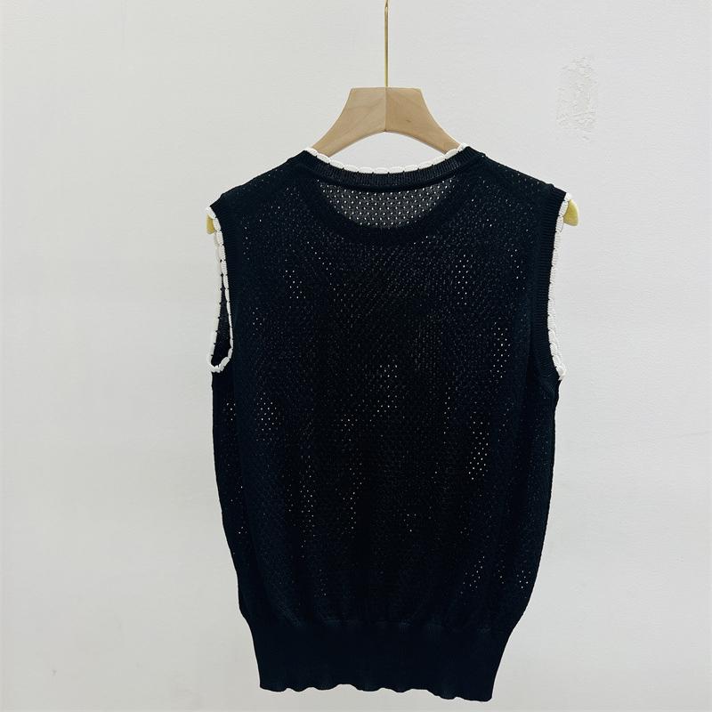 Summer Fashion Hollow Out Sweater Vest Sleeveless Moon Embroidery Knitted Top Women O-Neck Slim Black White Vest B-059