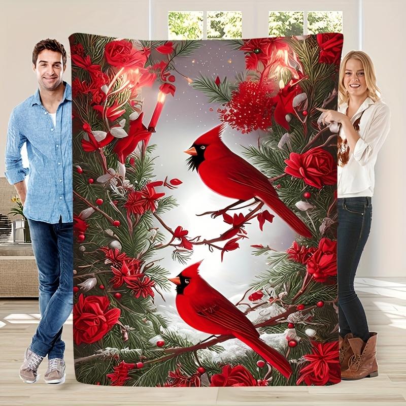 1pc Cozy Winter Christmas Red Bird on Branch Themed Pattern Printed Flannel Blanket, Soft And Warm, Perfect Gift for Holiday Mem