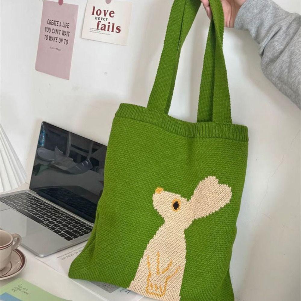 Green Crochet Bag Handmade Knitted Tote Bag Portable Weave Shoulder Bag  Girls