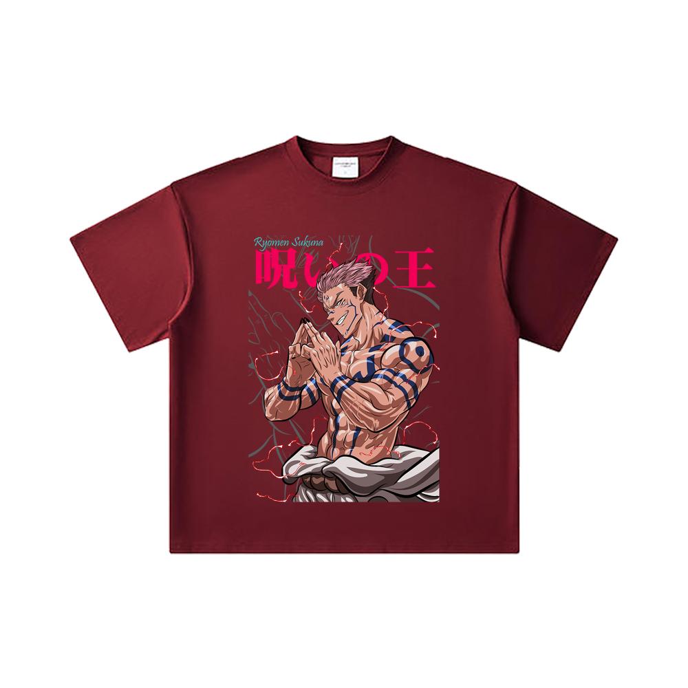 

260 GSM Double Yarn 32 Count 100% Cotton Jujutsu Kaisen V46 Sukuna Print Unisex Heavy Cotton T Shirt 2XL вина червоного кольору