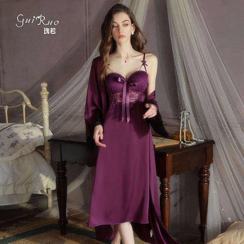 Women's Satin Lace Cutout Deep V Padded Sleep Dress with Robe Lounge Set