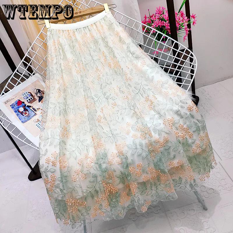 WTEMPO Women Embroidery Four Seasons Lace Patchwork A-line Tulle Skirts Elastic High Waist Loose Solid Color Casual Long Pleated Skirts