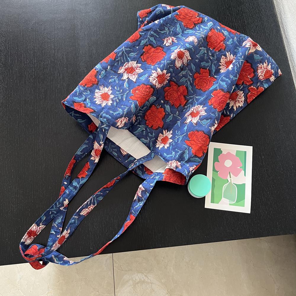 

Retro Ctrast Color Floral Women Cott Shoulder Bags Lightweight Versatile Ladies Thin Bag Portable Girls Handbags Tote синій