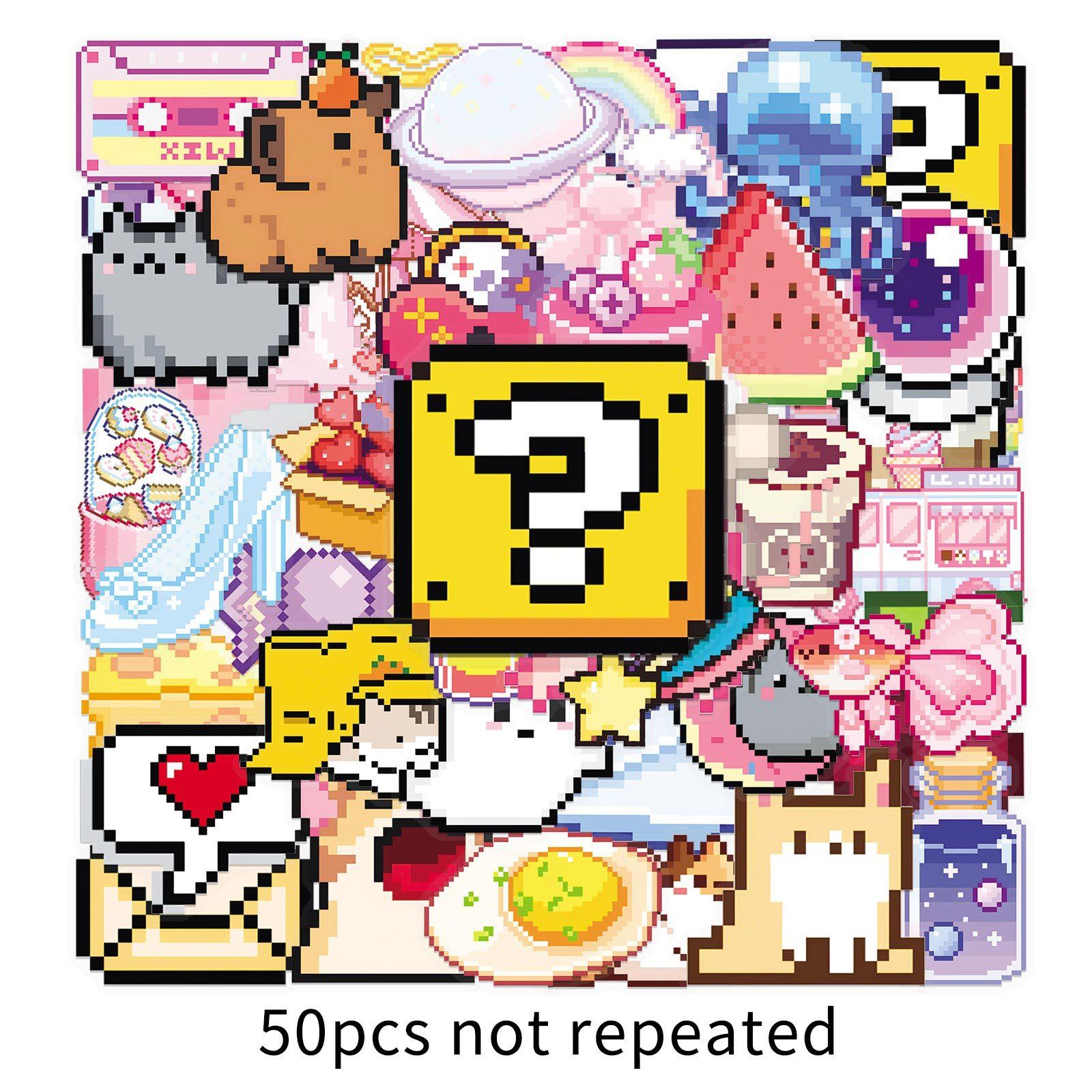 50 Sheets/set Cute Cartoon Pixel Style Stickers Transparent Waterproof Decals Cute DIY Laptop Journal Stationery Scrapbook Decor