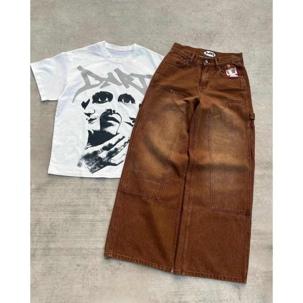 BeatStreet Neue Y2K Gothic Punk Amerikanischer Retro Punk Bestickte Jeans Herren Gewaschen Altbraun Locker Gerade Weite Beine Modische Jeans