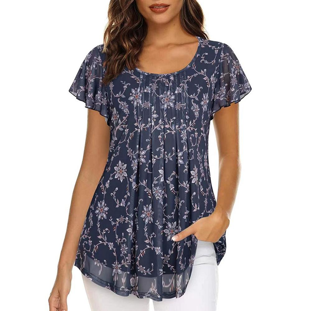 

Женские рубашки с коротким рукавом и цветочным принтом, летняя повседневная свободная блузка с круглым вырезом, топ