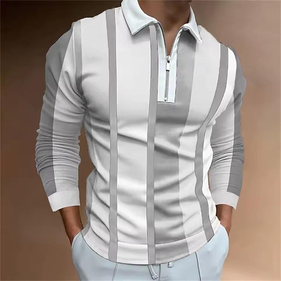 Trendy Long Sleeve Striped Polo Shirt, Half-Zip Casual Top for Men