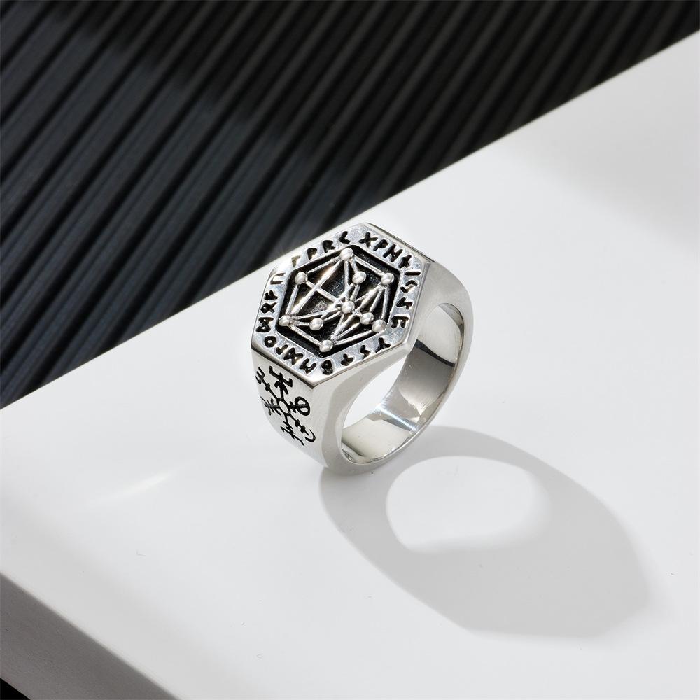 Totem Men's Titanium Steel Retro Ring, Odin Rune Personality Hip Hop Stainless Steel Viking Ring
