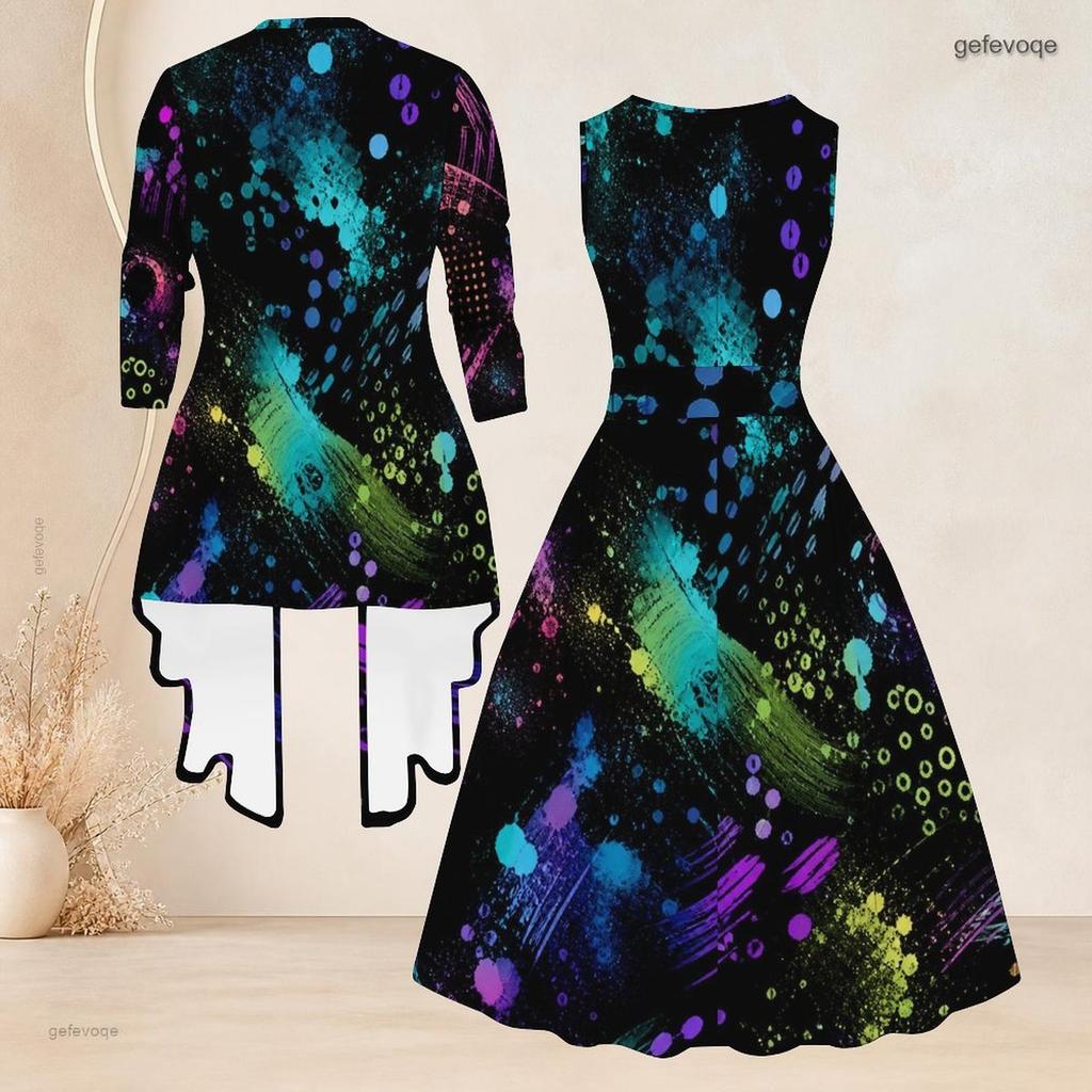 Women Plus Size Two Piece Set Black Multicolor Printed Three Quarter Sleeve Open Cardigan Sleeveless Crew Neck Tie Waist Flared Dress