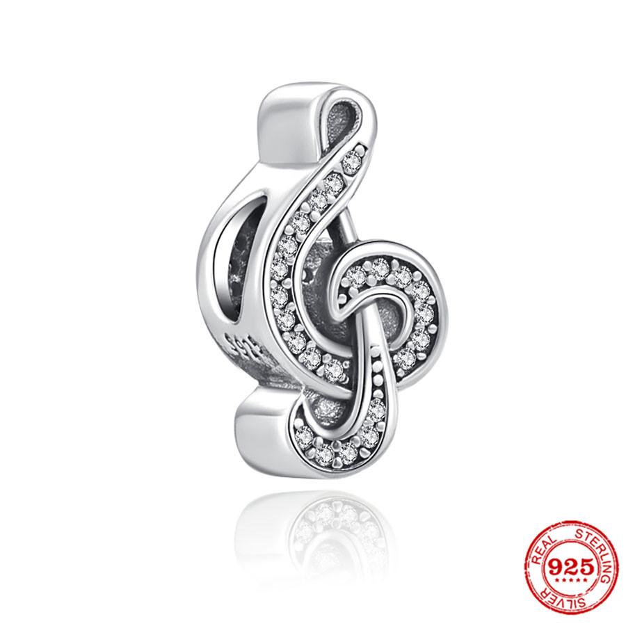 Bracelet Perles Charms Note de Musique Guitare Piano Cœur en Argent Sterling 925 Bijoux DIY pour Femmes