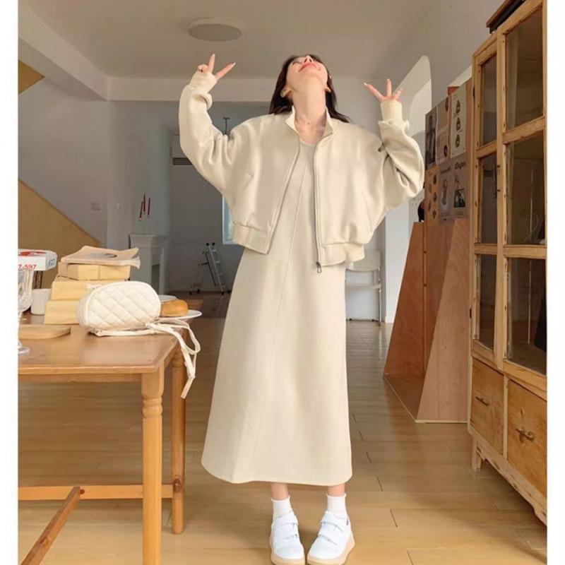 Schickes Übergrößen-Schlankheitsweste- und Kleider-Set - 300 Jin Frühling/Herbst Bauchbedeckendes, altersreduzierendes zweiteiliges Outfit für Damen