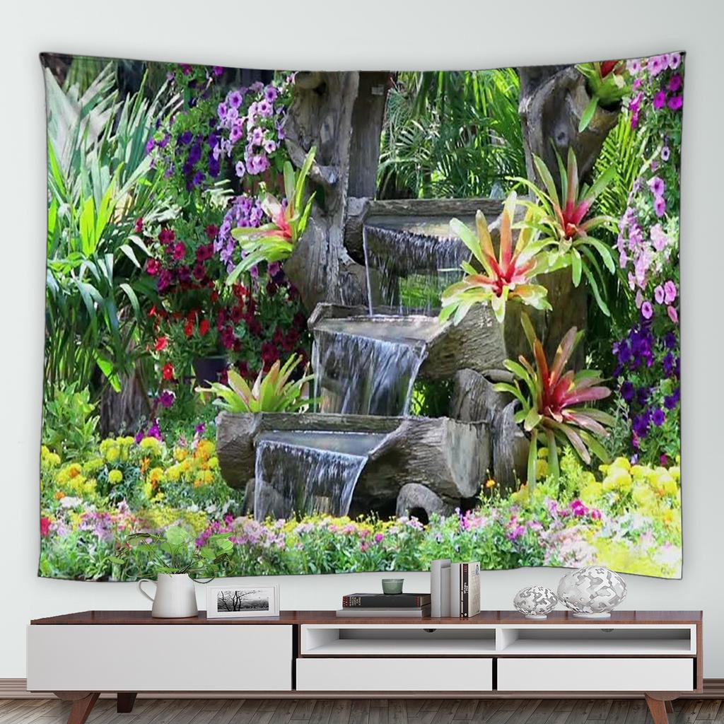 Waterfall Flowers Trees Vintage Brick Rattan Plant Park Nature Scenery Home Decor Wall Hanging Tropical Garden Landscape Tapestry