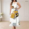 Women Plus Size Sleeveless Round Neck Triple Keyhole Cutout Black Gold Beige Printed Long Dress