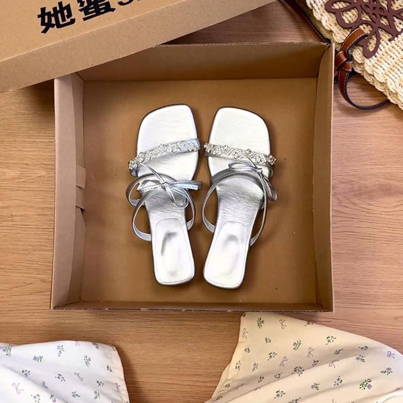 French Low-heeled Rhinestone One-word Fairy Shoes, Wear 2025 Summer New Models with Skirts, Bows, Cool Slippers, Women