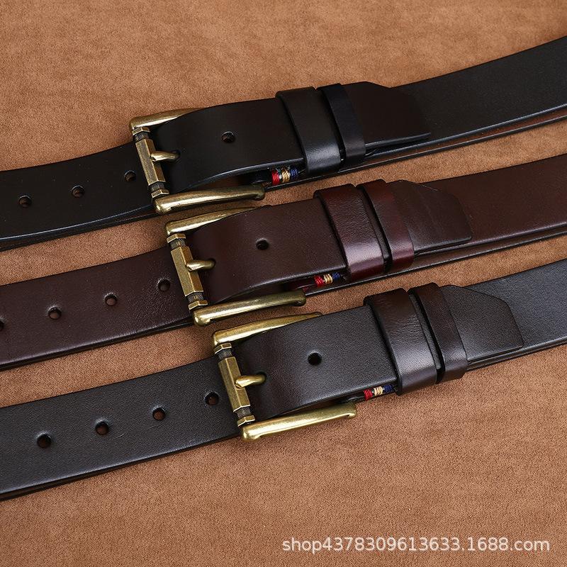 3.8Cm Wide Fashion Trend First Layer Pure Cowhide Belt Men'S Genuine Leather Copper Buckle Smooth Belt