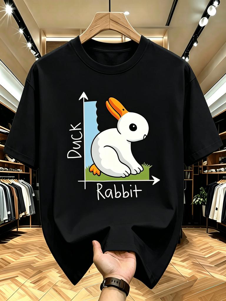Unisex O Neck Tee Duck Rabbit Cartoon Pattern Print Cotton Short Sleeve Loose Summer Breathable Daily Casual Basic Wear Top