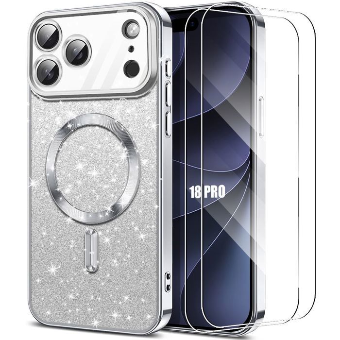 Coque pour iPhone 18 Pro, Protection Paillette avec Cercle Magnétique - Argenté - 2 Verres Trempés