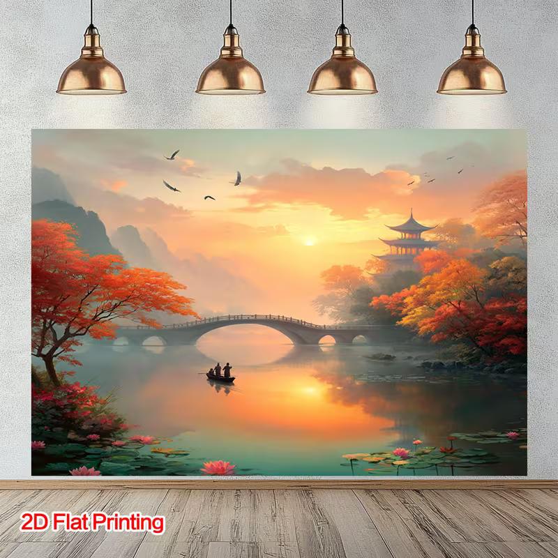 2D Dreamy Autumn River Boat Landscape Wall Decor Banner