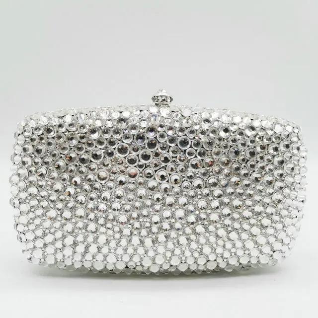 

Boutique De FGG Women Blue Crystal Evening Clutch Purse and Handbag with Spikes Wedding Diamond Metal Clutches Minaudiere Bag Smal Size