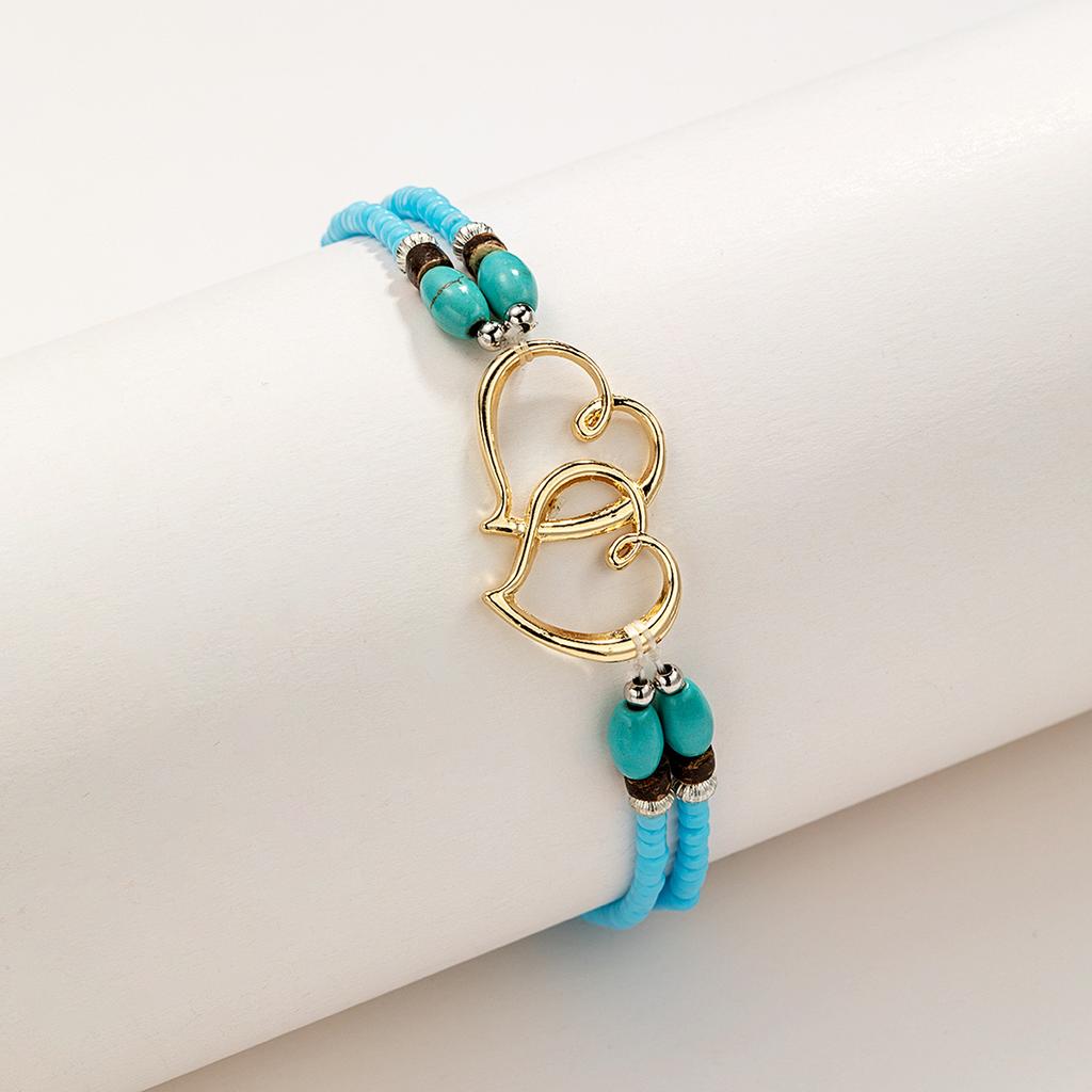 Bohemia Layered Beaded Anklet For Women Hollow Double Heart Charm Ankle Bracelet Summer Beach Vacation Foot Jewelry Gift