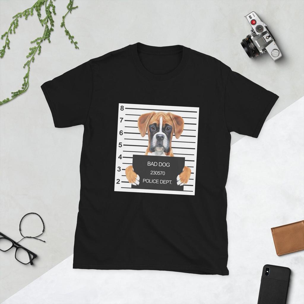 Funny Beautiful Bad Dog Mugshot (CUTE BOXER DOG) Dog Lover Short-Sleeve Unisex T-shirt Mens Kids Womens