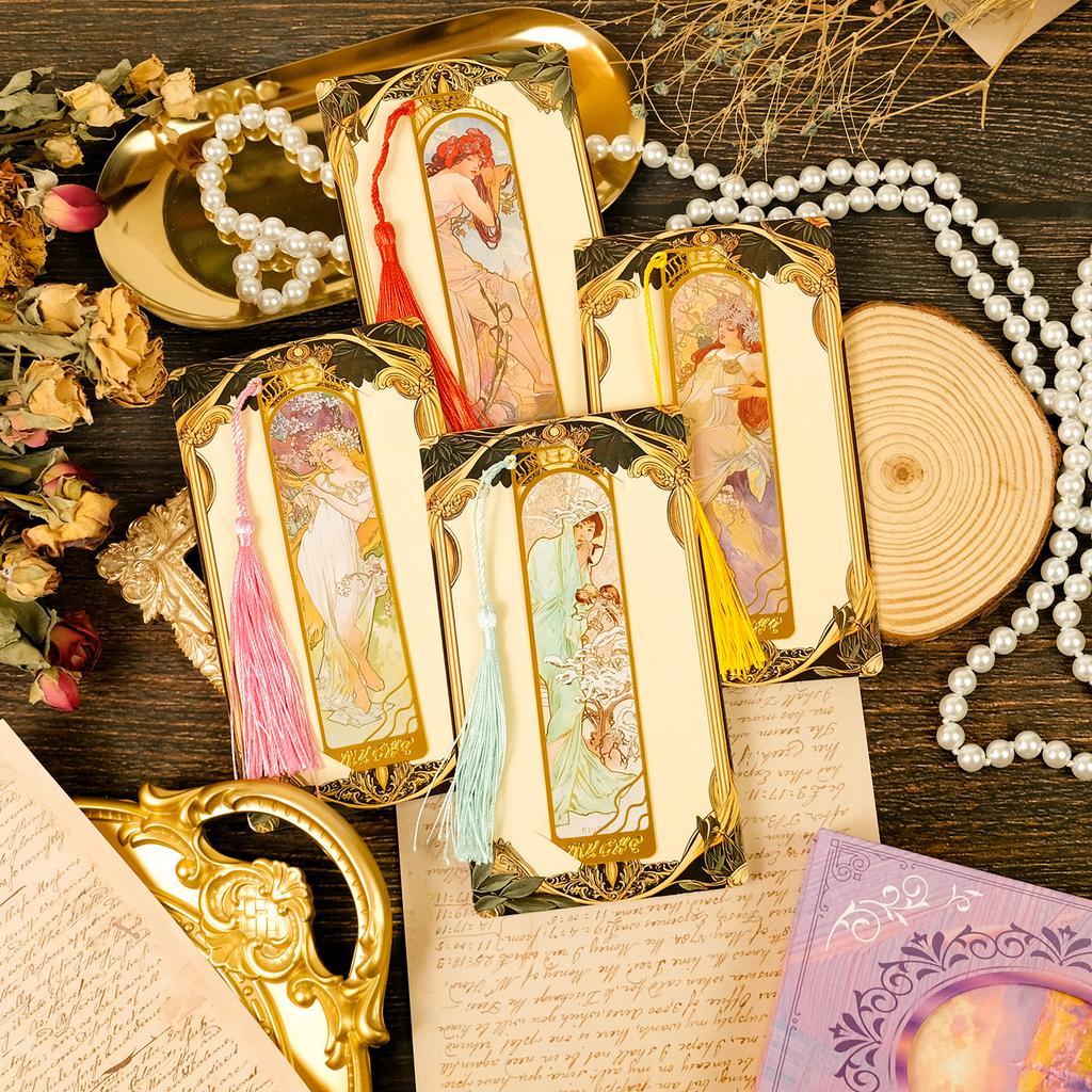 Retro Style Art Bookmark Exquisite Tags Are Essential for Students Four Seasons Metal Bookmark Golden Relief Sculpture