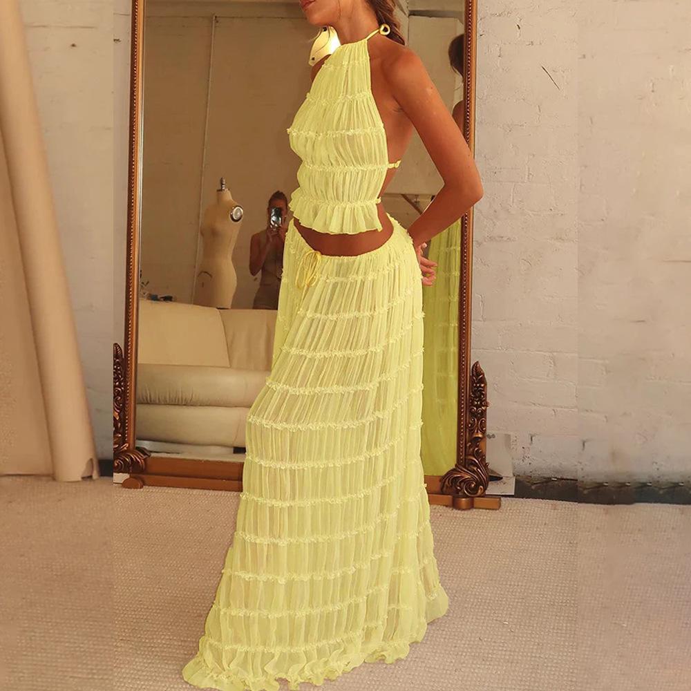 Costum asortat pentru femei, boho, sexy, fără spate, 2 piese, ținute de vacanță pe plajă, epocă, cu volanat, cu faldă, topuri + fusta lungă maxi, petrecere