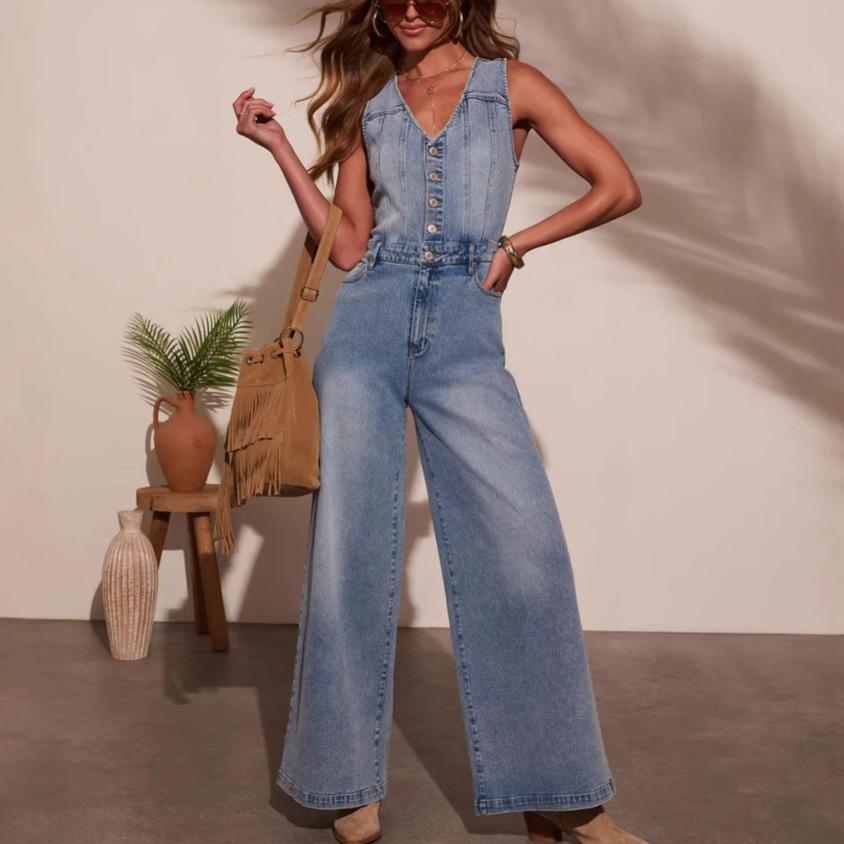 2026 American summer new women s clothing casual V-neck sleeveless denim jumpsuit trousers women S