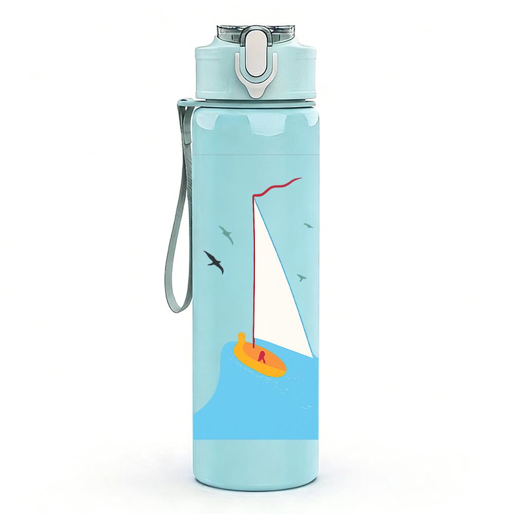 1PC Blue Sea Sailboat Minimalist 750ml Color Plastic Sports Water Bottle Leakproof Flip Straw Lid Suitable for Sports Office Home Use