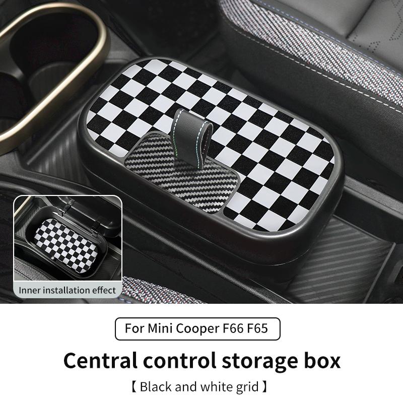 

Central Control Storage Box For BMW Mini Cooper F65 F66 2024 2025 Central Armrest Storage Box Car Accessories Black and white grid