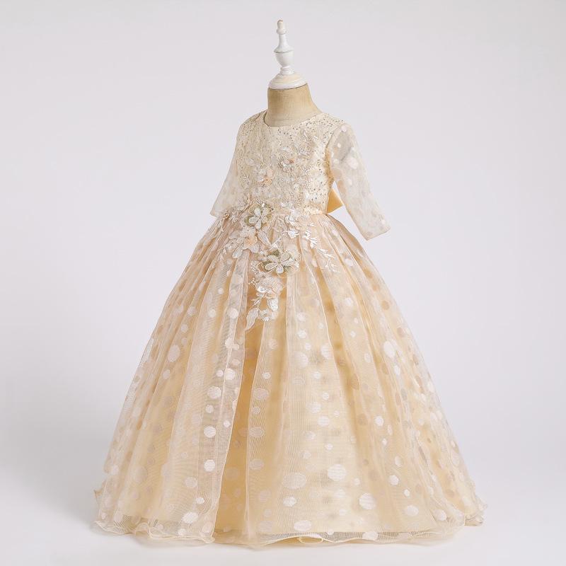 Dětské šaty Puntíkatý dlouhý rukáv Dívčí šaty Květinová dekorace Britská princezna Wind dress