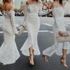 Sexy Frauen Langarm Off Schulter Spitze Meerjungfrau Cocktail Hochzeit Bodycon Kleid