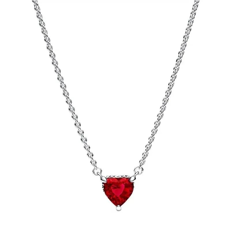 925 Silver Colorful Bow Tie Necklace Red Heart Pendant Round Necklace Classic DIY Fine Christmas Gift