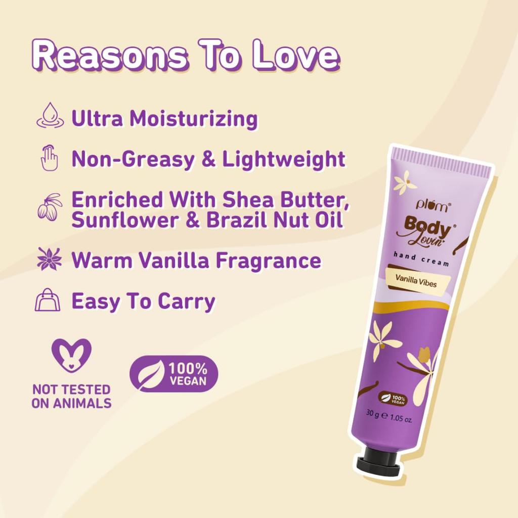 Plum BodyLovin Vanilla Vibes Hand Cream Ultra Moisturizing Lightweight Non Greasy Warm Vanilla Travel Size 30 G