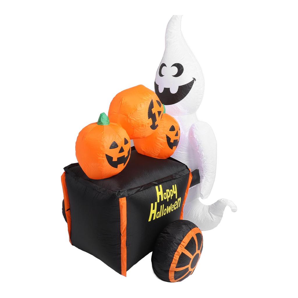 6ft Halloween Inflatable Ghost Pushing Pumpkin Cart Decor IP44 with Blower LED Lights Outdoor