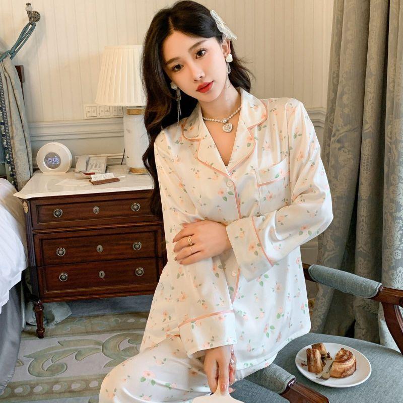 Silk Pajamas Women's Long Sleeve Cardigan Long Pants Pajamas Set Printed Kawaii Clothes Home Clothes