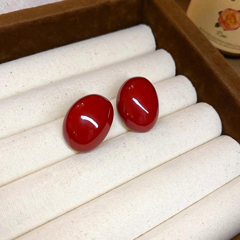 

Elegant Red Bean Enamel Stud Earrings with Silver Needle - Simple and Fashionable Design