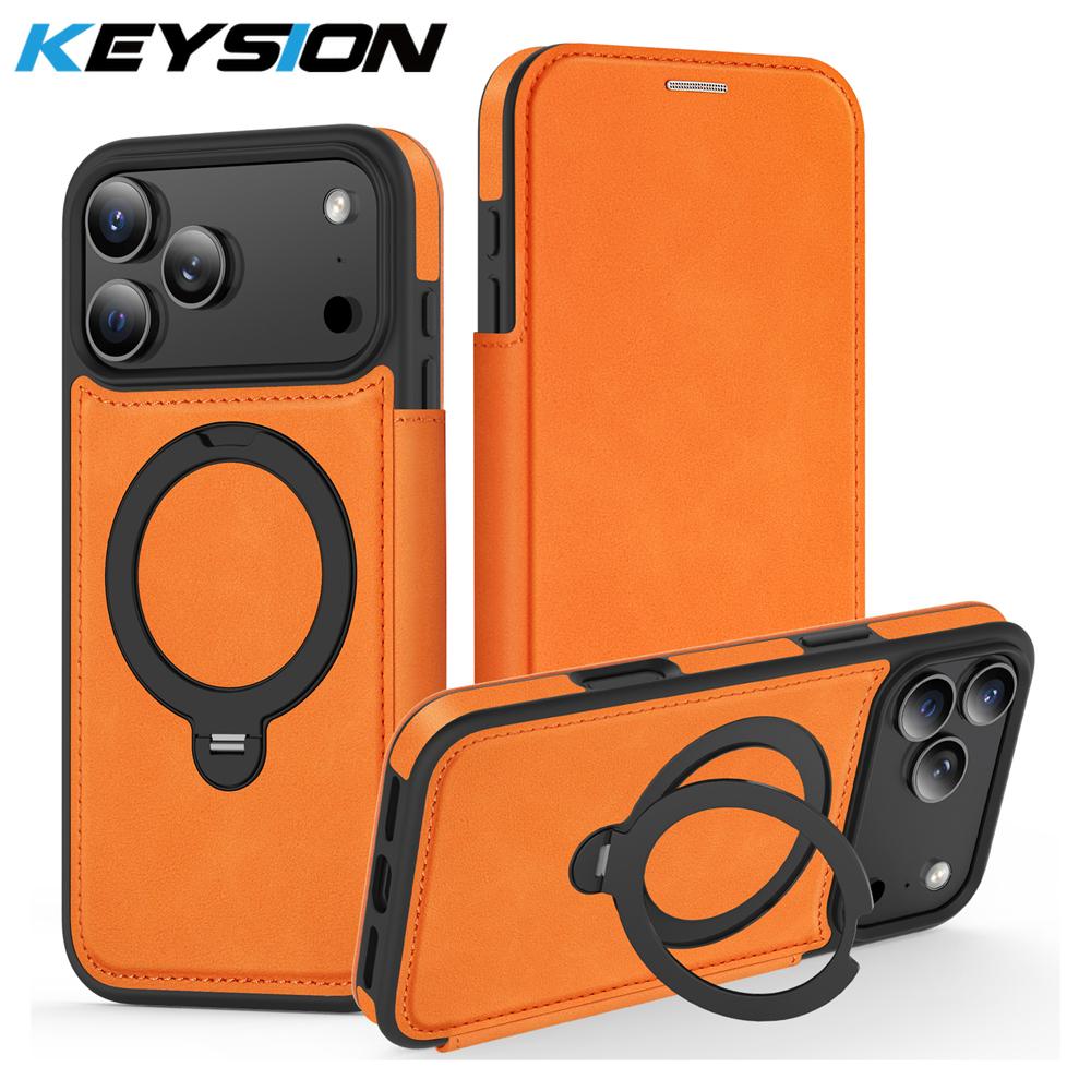 KEYSION Leather Flip Wallet Case for iPhone 15 16 17 Pro Max Air 16Plus 16e Cards Slots Magnetic 360 Ring Stand Phone Back Cover