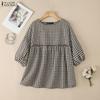 ZANZEA Women Casual Round Neck Half Sleeve Loose Plaid Print Blouse