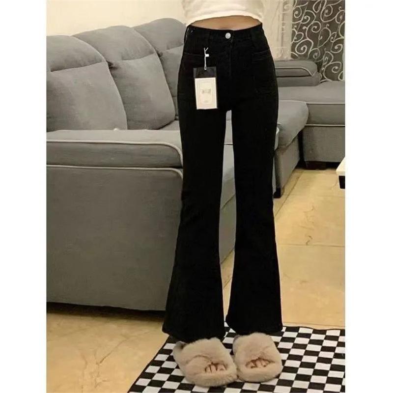 Women's High-Waisted Black Stretchy Flared Jeans for Pear-Shaped Figures - Spring/Autumn Style, Slimming, Micro-Flare, Long Pants